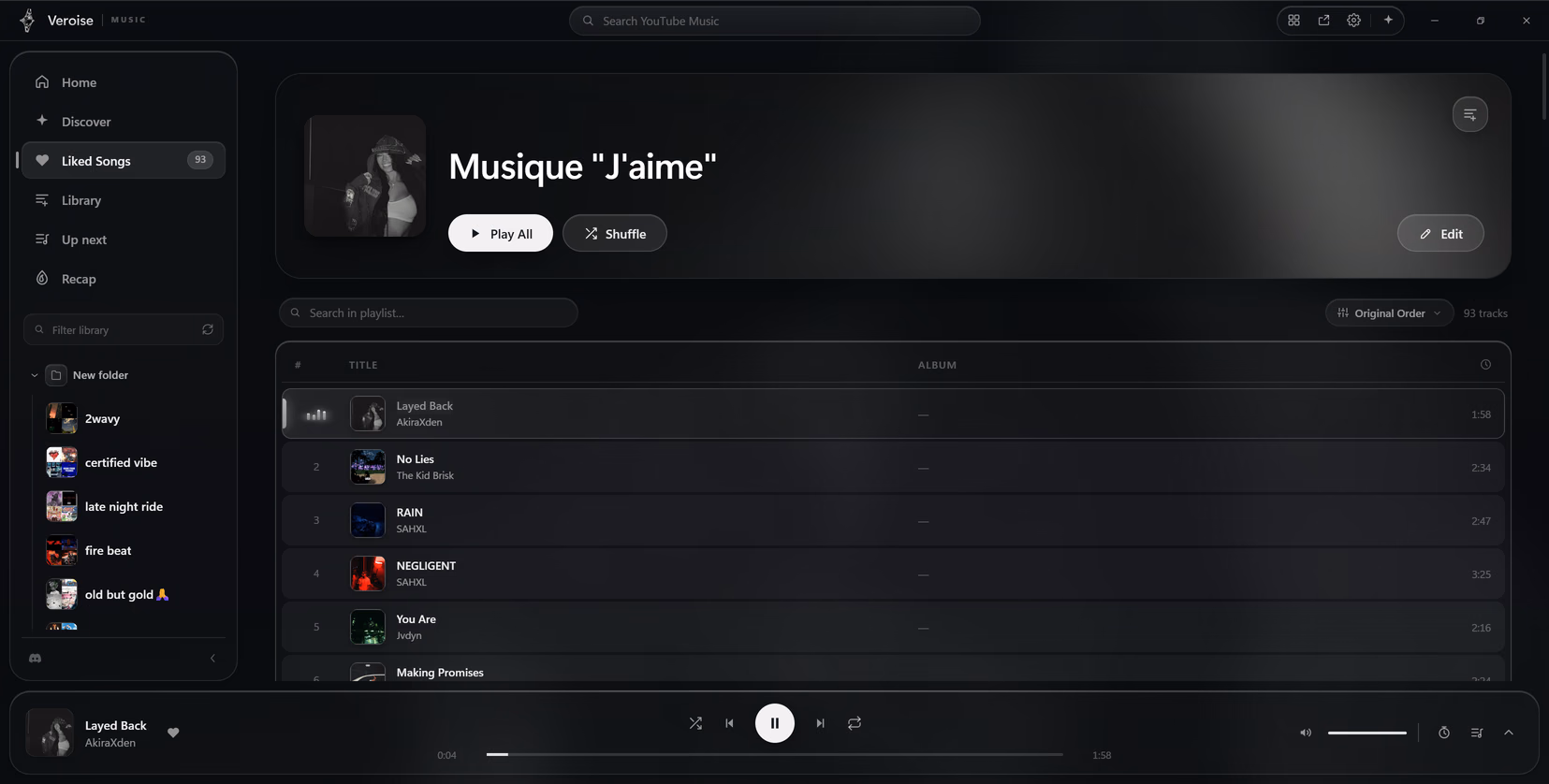 Titres aimés dans Veroise avec recherche et commandes de lecture